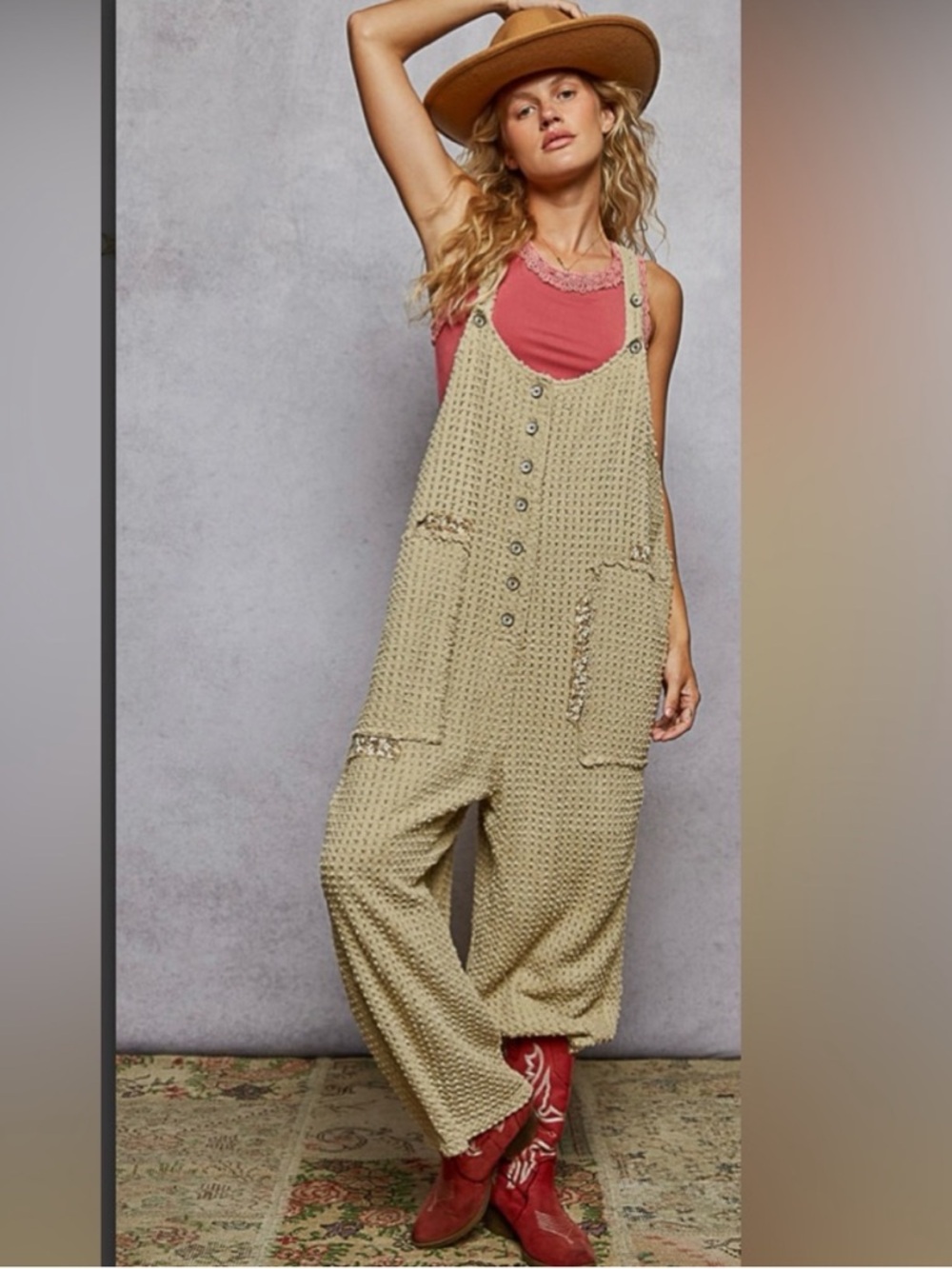 NWT POL cotton slouchy oversized overalls jumpsuit textured neutral beige M